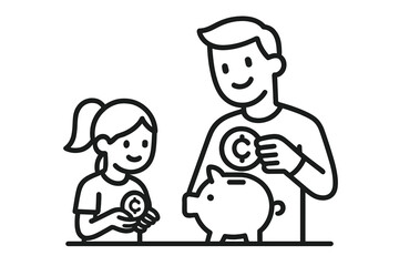 Parent teaching child about saving money by putting coins in a piggy bank