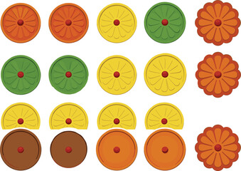 Set of Colorful Mid-Autumn Festival and Mooncake Vector Icons, Featuring Traditional Asian Dessert, Flower Patterns, and Festive Food Graphics.