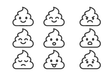 Nine simple outline poop characters showing various emotions and feelings