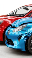 Two cars in an accident showing damage to a blue car and a red car on a white background captured with a Canon EOS R5 at f2