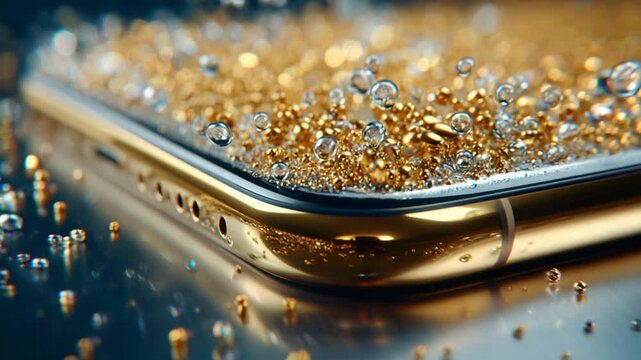 Golden Gadget's Luxury: A close-up view of a high-end smartphone, elegantly encased in gold, accented with glittering gems and sparkling details, conveying the essence of luxury.