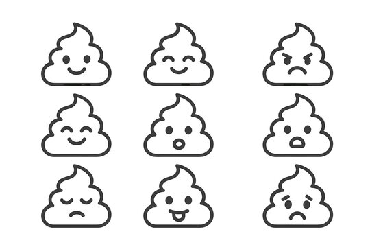 Nine simple outline poop characters showing various emotions and feelings