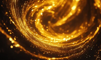 Golden swirling vortex with bright glowing particles, abstract cosmic scene.