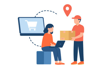 Customer receiving package from delivery worker after completing online purchase