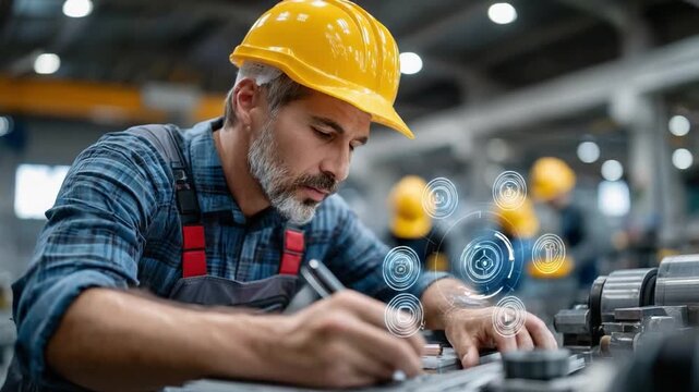 Engineering Precision: A focused engineer, wearing a safety helmet, meticulously documents data in a modern workshop, representing industry expertise and technical prowess.
