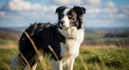 Fototapeta premium Elegant Border Collie in an idyllic field of grass basking in the sunlight environment