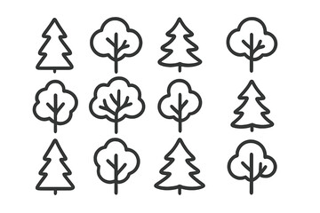 Minimalist line art depicting various deciduous and coniferous forest trees and plants © icon_art