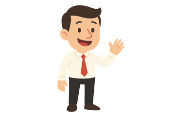 Friendly businessman character standing and waving hello with an open hand gesture