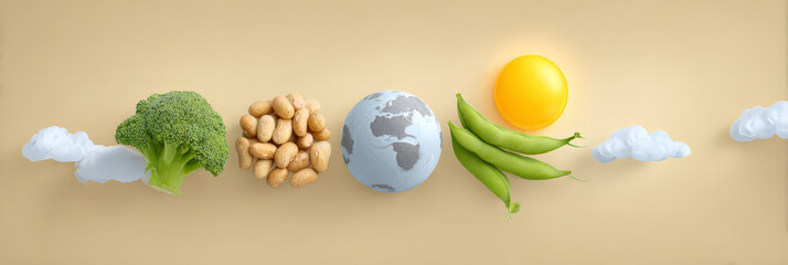 Healthy planet: broccoli, peanuts, earth, edamame, sun, and clouds on beige background