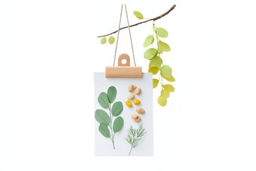 Botanical art: greenery and seeds on minimalistic hanging clipboard