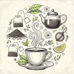 Elegant botanical tea illustration showcasing a variety of tea preparation elements and leaves