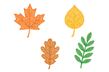 Assortment of colorful fall foliage elements featuring a rough crayon texture