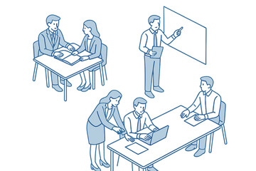 Business professionals collaborating in meetings and corporate presentations