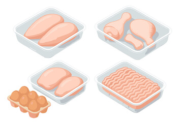 Raw chicken meat assortment, drumsticks, ground mince, and fresh eggs in packaging