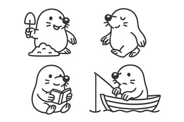 Cute cartoon mole character performing various activities digging reading and fishing