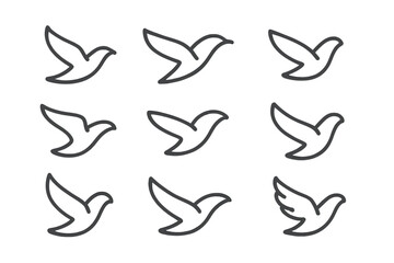 Set of minimalist flying dove outline icons symbolizing peace and freedom
