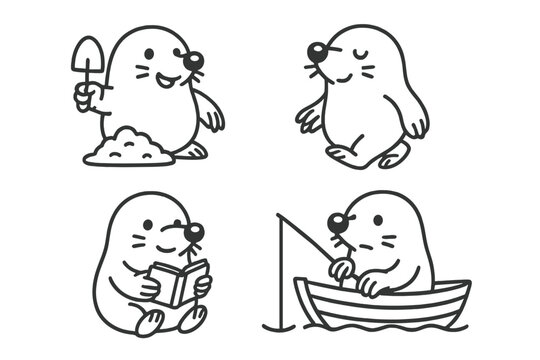 Cute cartoon mole character performing various activities digging reading and fishing