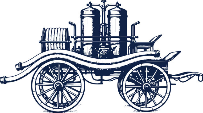 Vintage hand-drawn fire engine with hose reel and large wheels antique fire truck