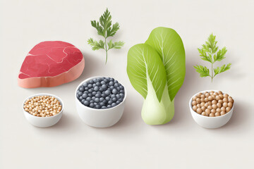 Balanced diet ingredients: meat, beans, bok choy, soybeans, and herbs
