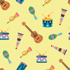 Seamless Pattern of Musical Instruments. Carnival, fun, music