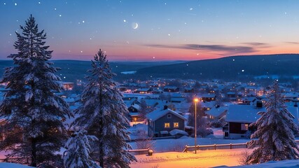 Winter evening panorama of a cozy village nestled in snow under a crescent moon