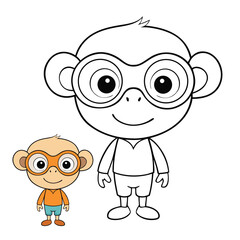 A cute little monkey wearing oversized round glasses sits playfully, its simple outlines perfect for coloring. Fun details and friendly charm invite creative shading and bold accents.
