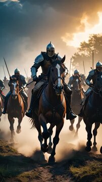 Mounted medieval knights in armor charging across dusty terrain with weapons, horses and dramatic sky during sunset.