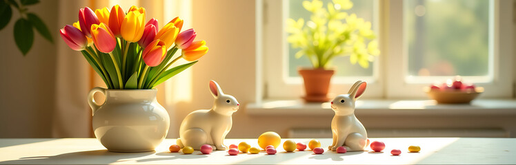 warm table setting showcases vibrant tulip bouquet amidst colorful spring candies playful ceramic bunny figurines
