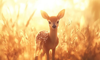 Adorable baby deer standing in a sunlit meadow surrounded by tall grass, soft golden light highlighting the delicate features of the animal