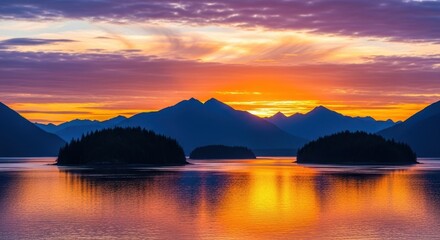 Dramatic sunset paints the sky with fiery hues over tranquil mountain lake islands