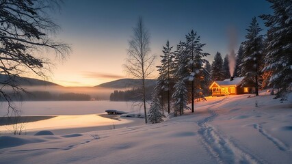 Cozy wooden cabin on a snowy lake shore at winter sunrise or sunset