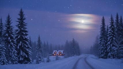 Magical Winter Night Landscape with Full Moon, Snowy Forest, and Cozy Cabin