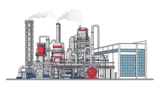 A detailed illustration of a large industrial factory complex with multiple processing units, pipes, and smokestacks.