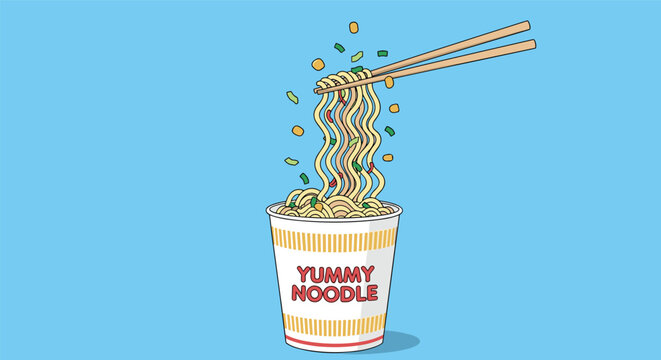 Chopsticks lifting instant ramen from a paper cup labeled yummy noodle against a solid blue background for a quick meal concept.