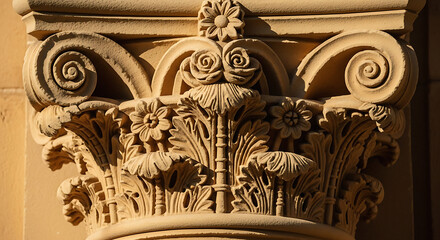 Naklejka premium Ornate stone architectural column with floral carvings and volutes