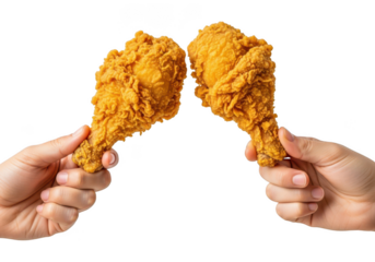 Hands holding crispy fried chicken legs isolated on transparent background