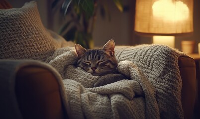 Adorable gray cat resting on a soft knitted blanket placed on an armchair, warm indoor light creating a cozy and inviting atmosphere