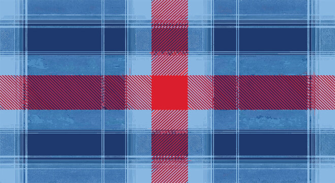 Seamless blue and red plaid tartan pattern with a textured, grunge effect suitable for fabric, wallpaper, or backgrounds.