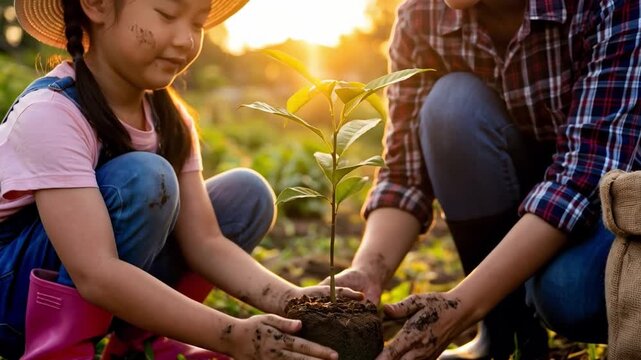 Madre e hija plantando un &aacute;rbol juntas en el campo durante el atardecer.