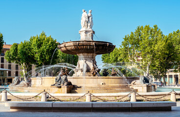 Rotonde Fountain in Aix-en-Provence in France, on a sunny summer day
