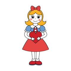 A pretty doll holding a Valentine gift stands with a sweet smile, wrapped in soft colors and delicate details, spreading charm, warmth, and a touch of romantic joy.
