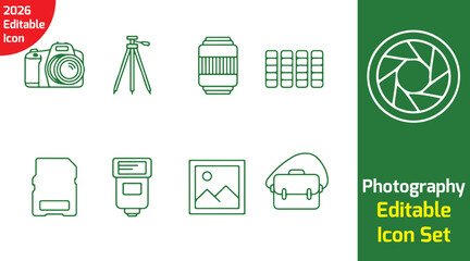 photography line icon pack with DSLR camera, tripod, lens, SD card, flash, photo frame, shutter icon, camera bag, color palette, thin outline style on white background