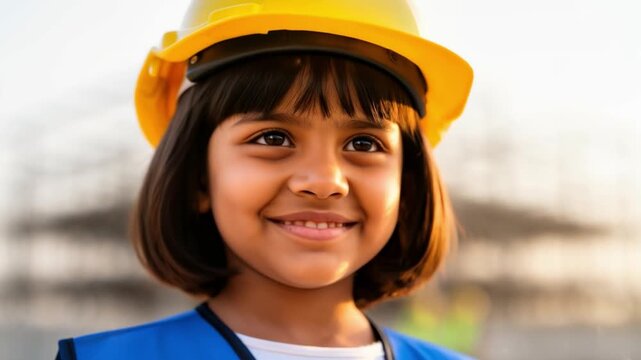 Ni&ntilde;a con casco de seguridad y herramientas de juguete jugando a ser ingeniera en una obra en construcci&oacute;n.