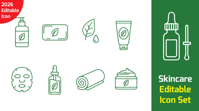 organic skincare thin line icon set with lotion bottle, soap bar, leaf ingredient, serum dropper, face mask, towel, moisturizer jar, essential oil, herbal tube, minimal outline on white background