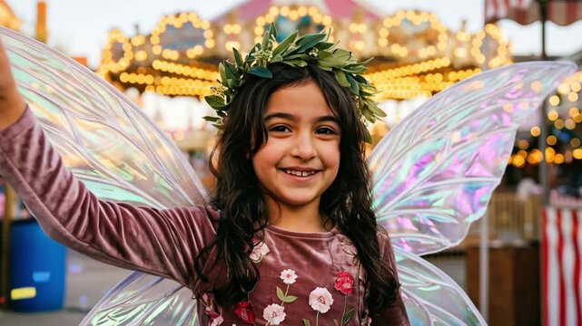 Ni&ntilde;a disfrazada de hada con alas brillantes y corona de hojas celebrando en una feria con luces y confeti.