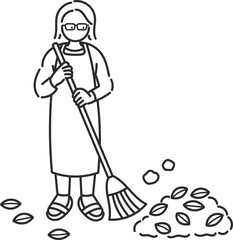 落ち葉の掃除をする40代女性のイラスト　線画のみ