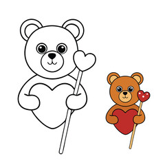 A cute teddy bear sits happily holding a heart-shaped lollipop, its fluffy paws wrapped around the sweet treat. Simple outlines make this charming coloring page fun and relaxing.”