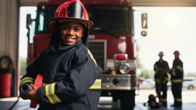 Ni&ntilde;o vestido de bombero sosteniendo una manguera en una estaci&oacute;n de bomberos con cami&oacute;n rojo al fondo.