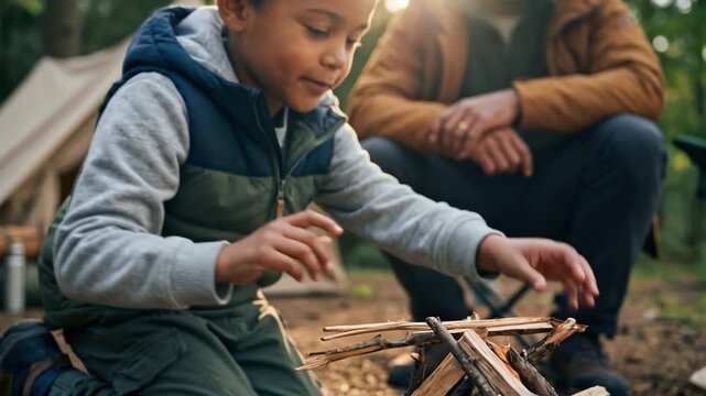 Ni&ntilde;o aprendiendo a encender una fogata en un campamento en el bosque junto a su padre, con una tienda de campa&ntilde;a al fondo al atardecer.