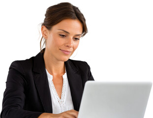 working woman with laptop isolated on white or transparent